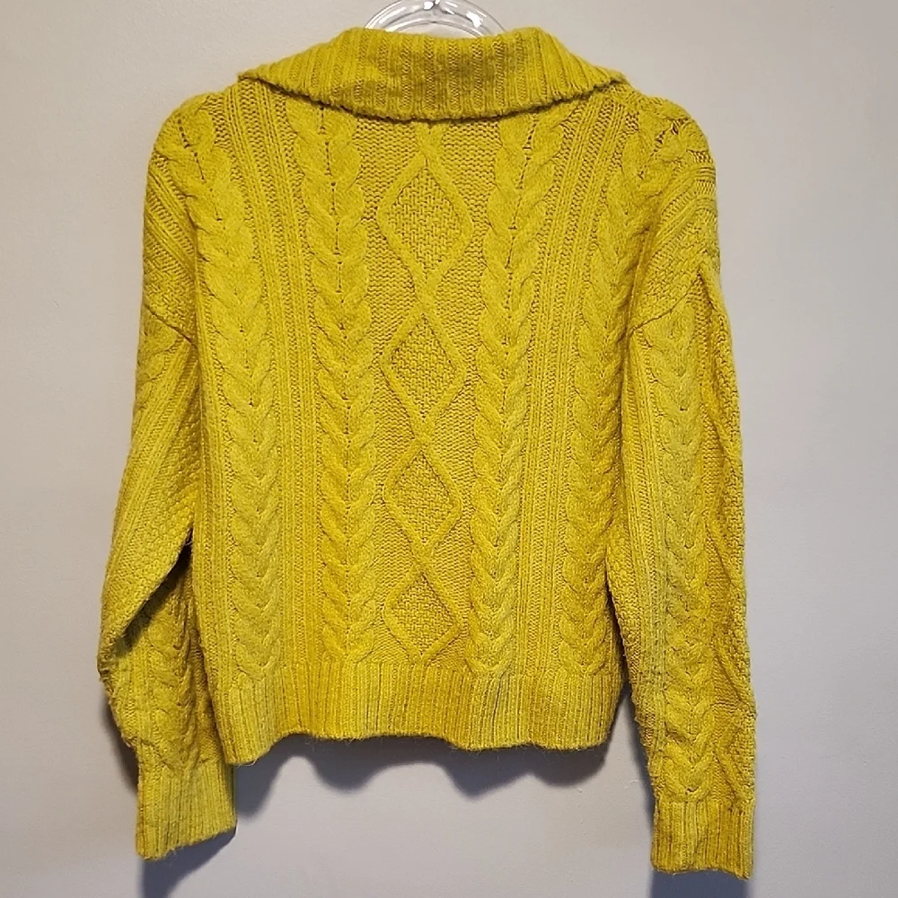 Anthropologie Lime Yellow Cropped Chunky Cable Knit Quarter Zip Sweater XS